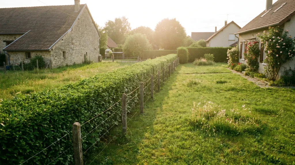 Deux jardins voisins séparés par une haie taillée