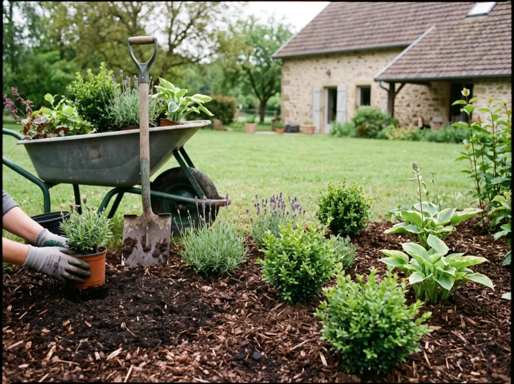 Plantation d'un massif de lavandes et arbustes avec paillage
