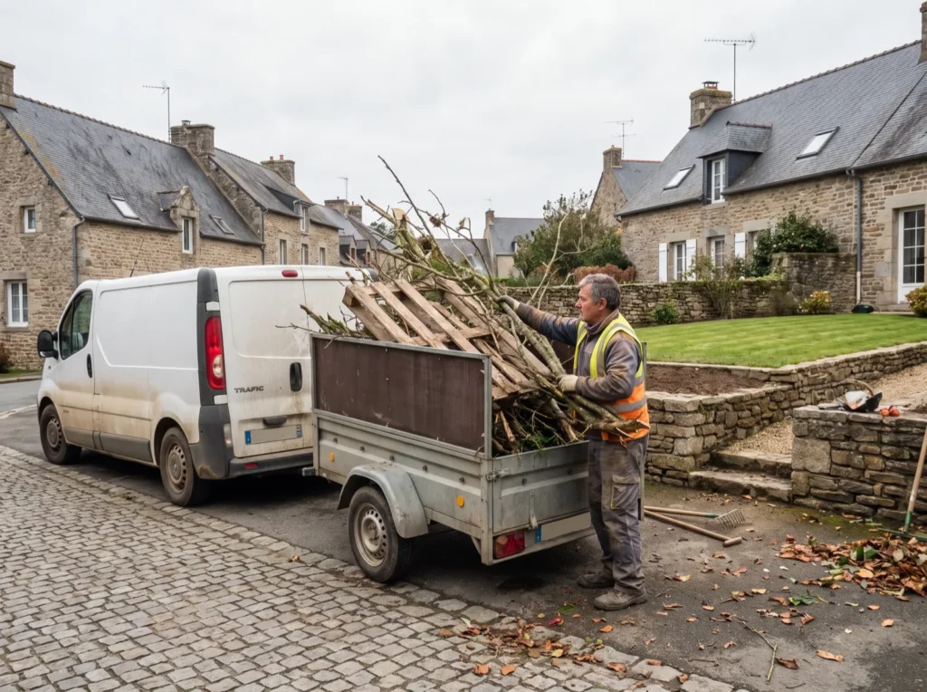 Chargement de branches et déchets verts dans une remorque