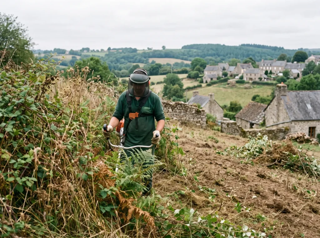 Débroussaillage d'un terrain en friche à la débroussailleuse
