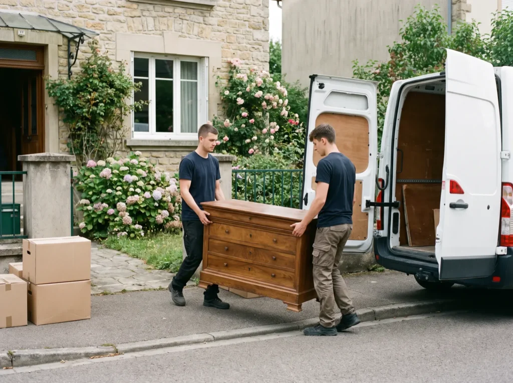 Deux déménageurs portant une commode vers une camionnette